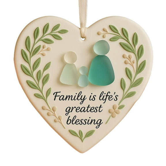 Pmrith 3.15Inches Heart Shaped The Family Pattern Sea Glass Family Affection Hanging Decoration Keepsake In Memory of Your Family Members as Gifts for Your Family
