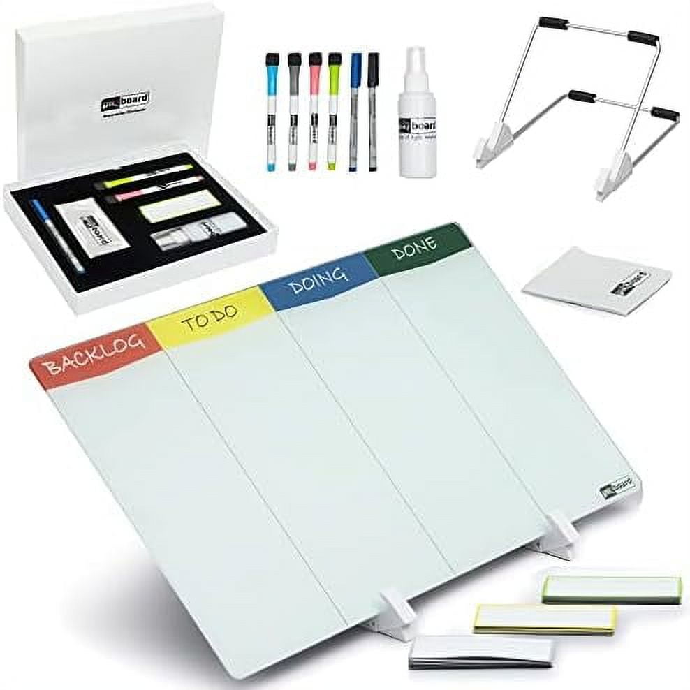 Pmx Board Double Sided Glass Kanban Desktop Whiteboard Set With Desk Stand. 18"X 11", Dry Erase