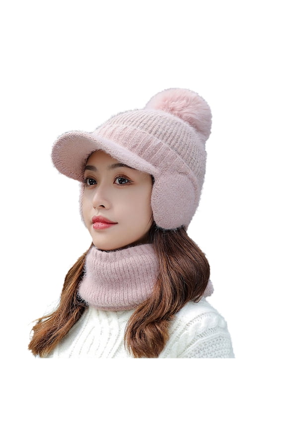 1 Set Women Hat Neck Warmer Peaked Faux Rabbit Fur Pompom Earflaps Ear Protection Solid Color Autumn Winter Adults Knit Cap Scarf Kit for Outdoor