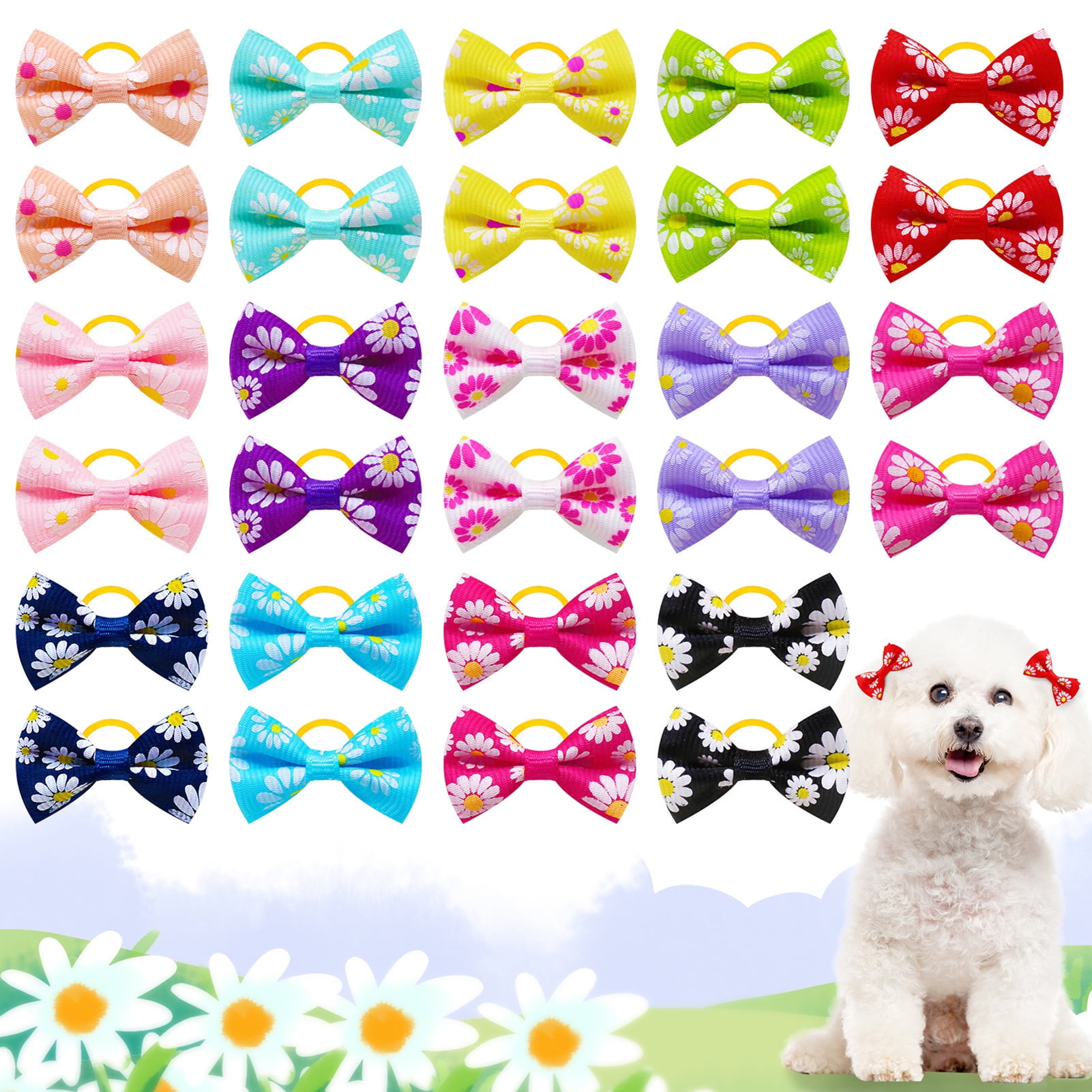 Pnellth 10Pcs Dog Bows with Rubber Bands Lovely Flower Print Pastoral