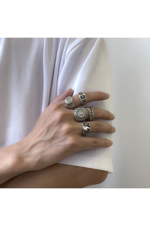 5Pcs/ Set Knuckle Rings Delicate Patterns Geometric Luxurious Retro Electroplating Decoration Jewelry Men Vintage Gothic Knuckle Joint Rings for Party Silver