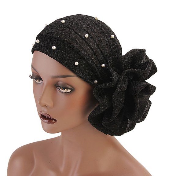 Pnellth Faux Pearl Decor Big Flower Women Elastic Hat Soft Head Wrap Cap Gifts Black