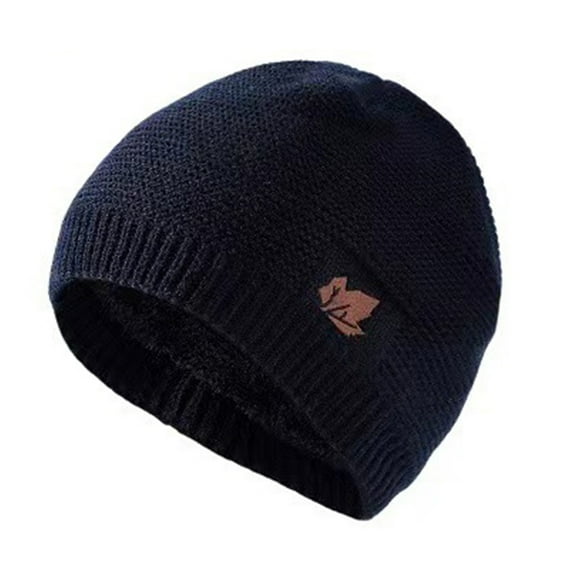 Pnellth Men Autumn Winter Solid Color Knitting Hat Leaf Logo Plush Lining Thickened Beanie Hat Ribbed Trim Warm Hat Fashion Accessories