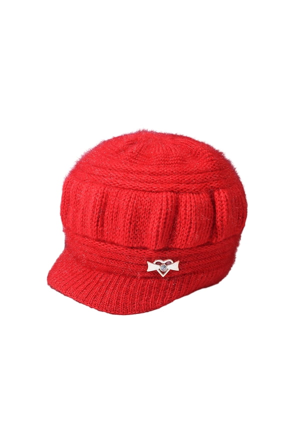 Mid-aged Women Winter Hat Thickened Knitted Elastic Short Brim Heart Rhinestone Decor Pure Color Windproof Warm Head Protection Lady Cap