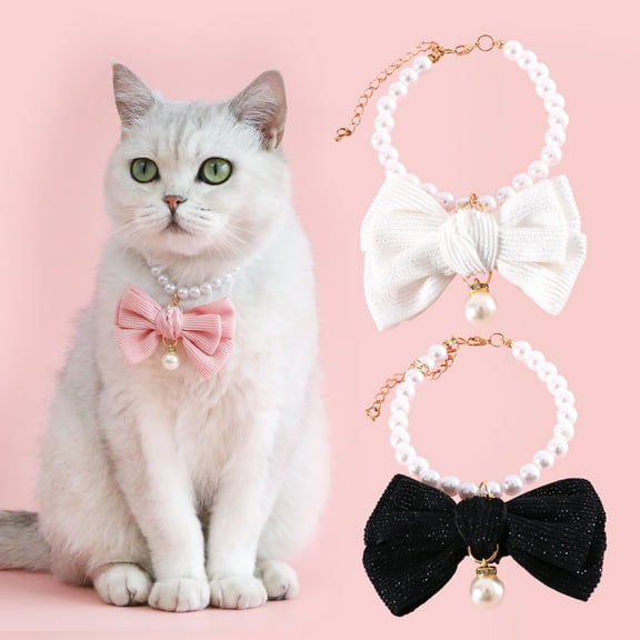 Pnellth Pet Necklace Elegant Adjustable Cat Dog Collar with Faux Pearl Bow Pet Neck Circle Pet Accessory