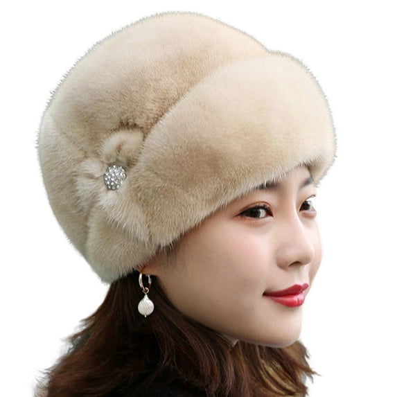 Pnellth Winter Hat Russian Faux Rabbit Fur Flower Decor Thickened Luxury Keep Warm Solid Color Autumn Winter Thermal Middle-aged Women Cap for Outdoor