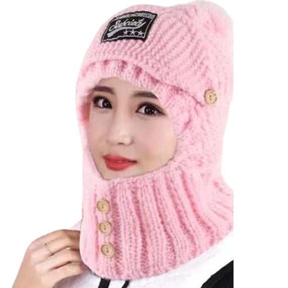 Pnellth Winter Women Hat Letter Labeling Ears Protection Solid Color Stretch Plush Ball Buttons Decoration Scarf Beanie Hat Daily Wear