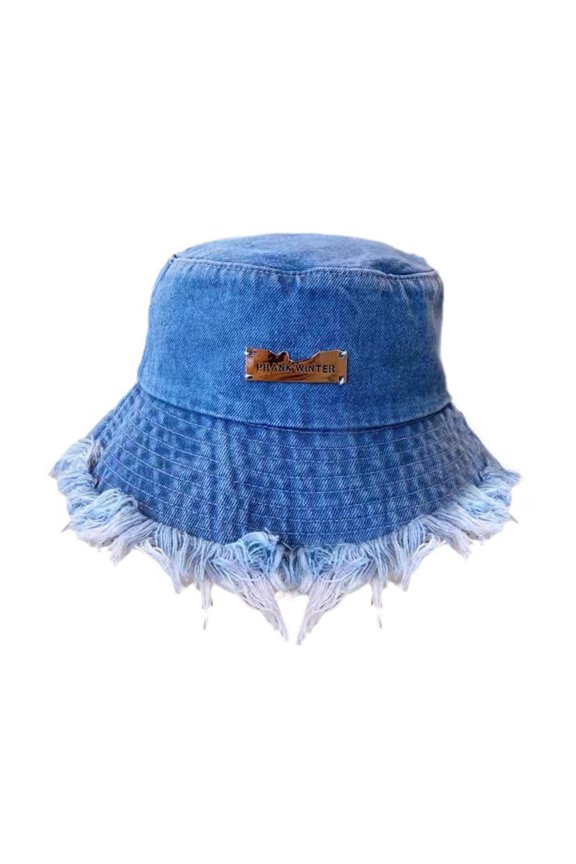 Women Bucket Hat，Ripped Edge Flat Top Distressed Denim Large Brim Solid Color Tag Decor Lightweight Anti-UV Sun Protection Fisherman Cap for Hiking Outings Traveling