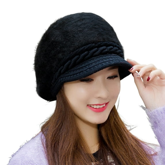 Pnellth Women Hat Solid Color Thickened Windproof Peaked Hat Faux Rabbit Fur Stretchy Knitted Skullies Beanie Streetwear