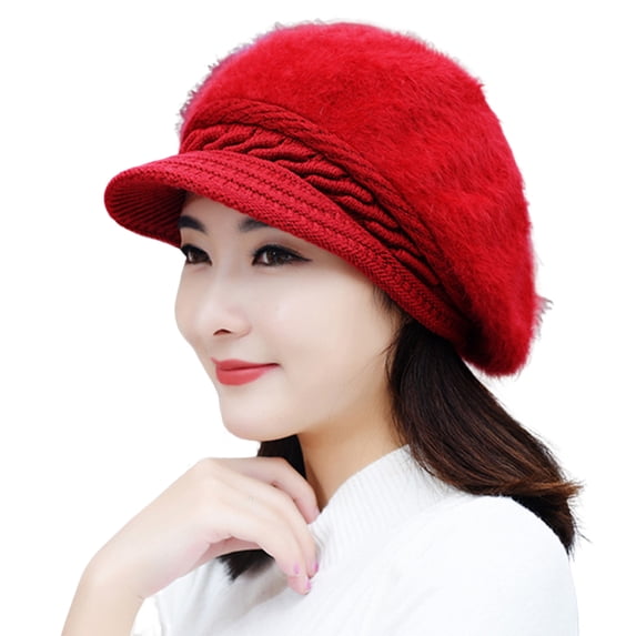 Pnellth Women Hat Solid Color Thickened Windproof Peaked Hat Faux Rabbit Fur Stretchy Knitted Skullies Beanie Streetwear