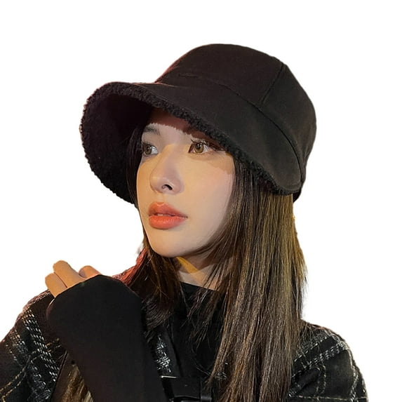 Pnellth Women Winter Hat Thick Soft Plush Solid Color Wide Long Brim Soft Anti-slip Sun Protection Fisherman Hat Cold Resistant Outdoor Peaked Hat