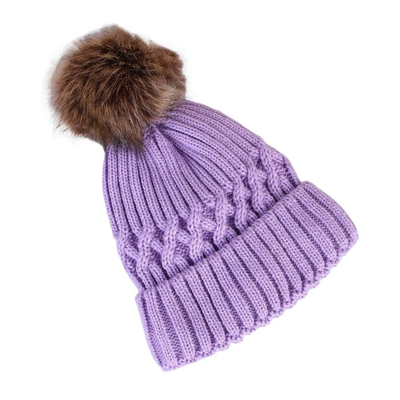 Pnellth Wool Knitted Hat Thick Fur Ball Decoration Keep Warmer Solid Color Winter Casual Women Skiing Beanies for Daily Wear