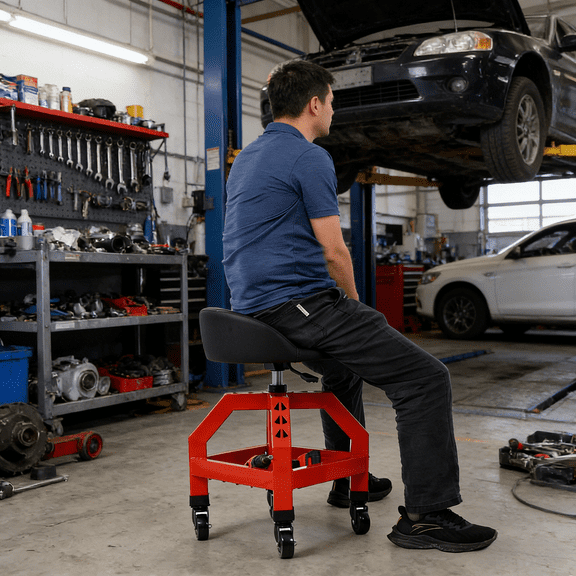 Pneumatic 360 Degree Swivel Rolling Stool with Wheels & Tool Tray, Heavy Duty Mechanics Creeper Seat Adjustable Height Shop Stool with Industrial Lower Shelf Wire Grid for Garage Auto Repair