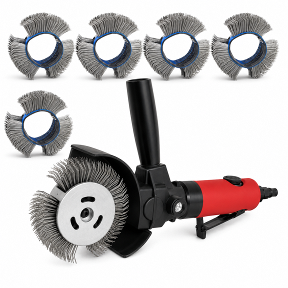 Pneumatic Bristle Blaster Rust Removal Tool Kit with 5 Wire Wheels and Aluminum Adapter, 4-Inch, 90 PSI