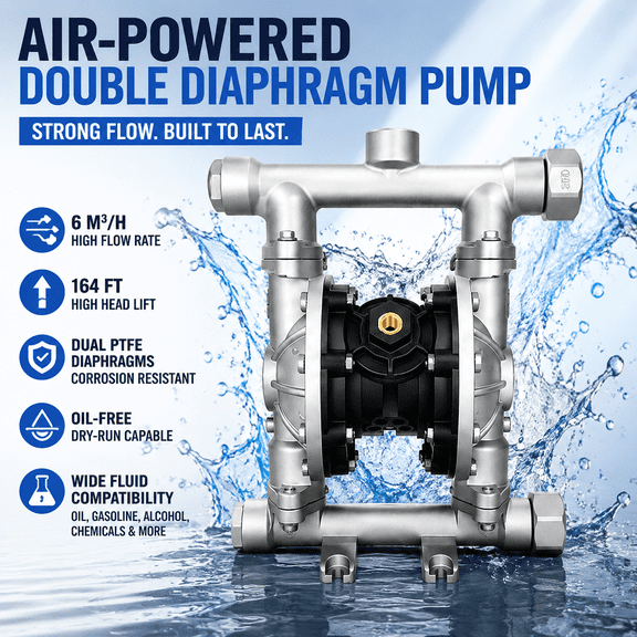 Pneumatic Diaphragm Pump, Aluminum Alloy Corrosion-Resistant Body, Air Diaphragm Pump with Dual PTFE Diaphragms for Oil Gasoline Diesel.