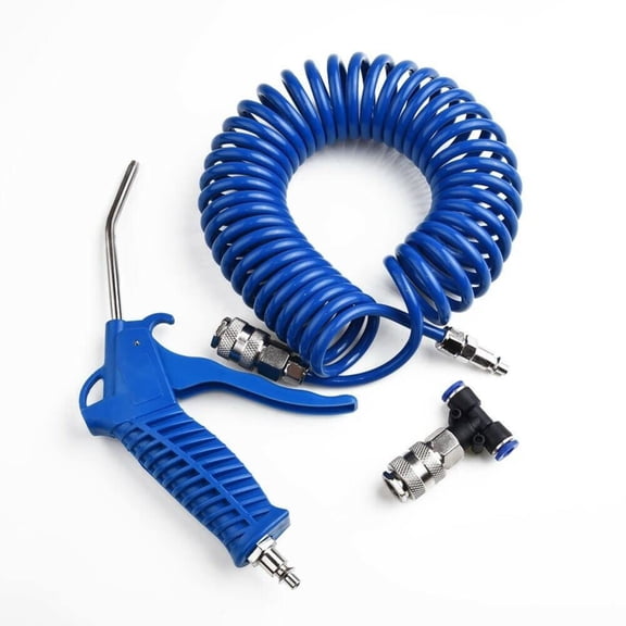 Pneumatic Dust Blower Tool Set with 5m Spiral Hose. Quick Connect Fittings. Air Compressor Blow Tool for Workshop Cleaning. Blue