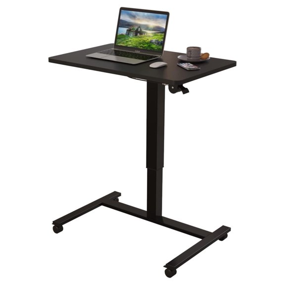 Pneumatic Mobile Desk, Gas-Spring Height Adjustable Sit to Stand Desk, Overbed Laptop Table Computer Cart with Lockable Casters, Portable Work Table for Home, Office, Black 28*20 inch