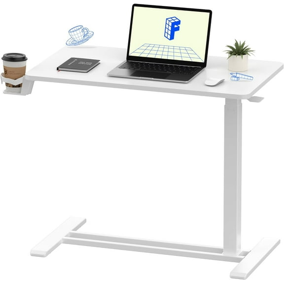 Pneumatic Mobile Standing Desk Cart Adjustable Overbed Table with Wheels Rolling Laptop Computer Desk for Hospital Home Use White Large 31.5 Inches Wide