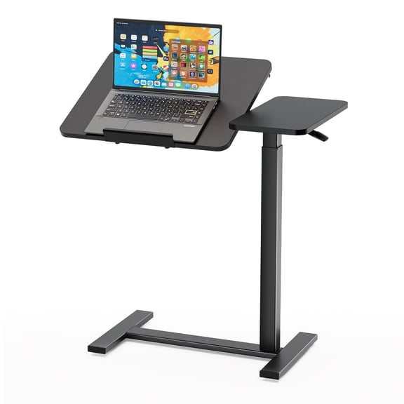 Pneumatic Mobile Standing Desk, Split Top Adjustable Laptop Cart with Tilting Tabletop, Rolling Sit to Stand Workstation for Home Office, Black