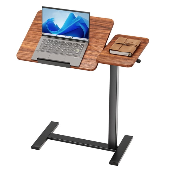 Pneumatic Mobile Standing Desk, Split Top Adjustable Laptop Cart with Tilting Tabletop, Rolling Sit to Stand Workstation for Home Office, Brown