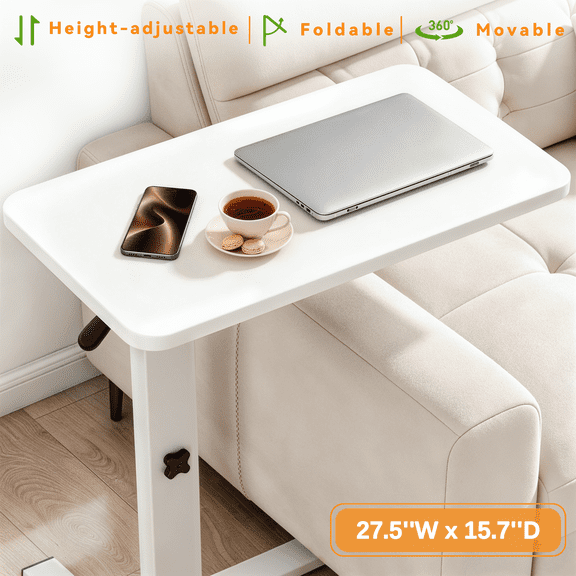 Pneumatic Overbed Table Height Adjustable, Rolling Bed Desk, Mobile Standing Laptop Table with Wheels, Over Bed Table for Hospital/Sofa/Couch/Bed/Office/Work - Foldable (27.5" W x 15.7" D, White)
