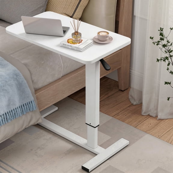 Pneumatic Overbed Table Height Adjustable, Rolling Bed Desk, Mobile Standing Laptop Table with Wheels, Over Bed Table for Hospital/Sofa/Couch/Bed/Office/Work - Foldable (27.6" W x 15.8" D, White)