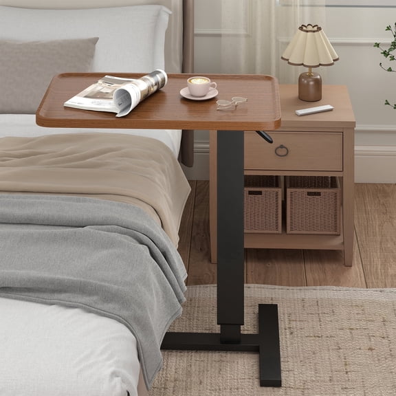 Pneumatic Overbed Table Height Adjustable, Rolling Bed Desk, Mobile Standing Laptop Table with Wheels, Over Bed Table for Hospital/Sofa/Couch/Bed/Office/Work - Foldable (27.6" W x 15.8" D, Walnut)