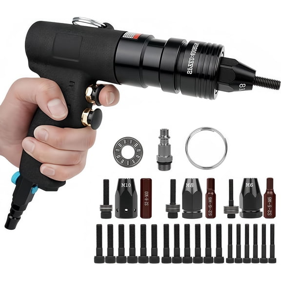 Pneumatic Rivet Nut Gun Kit, Air Riveter Nut Gun with Self-Locking Head Gun 1/4 & 5/16 & 3/8 Mandrels, Industrial Grade Adjustable Speed Pull Rivnut Gun, Black