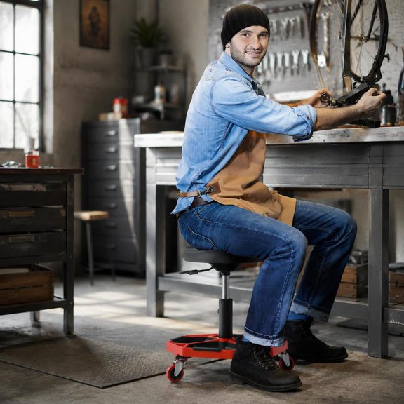 Pneumatic Rolling Mechanic Stool, 330 Lbs Capacity, Adjustable Height, Padded Seat, Tool Tray, Red