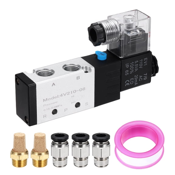 Pneumatic Solenoid Valve, 1/4 Inch NPT 110VAC 5 Way 2 Position Aluminum Electric Air Valve with Connector and Tape