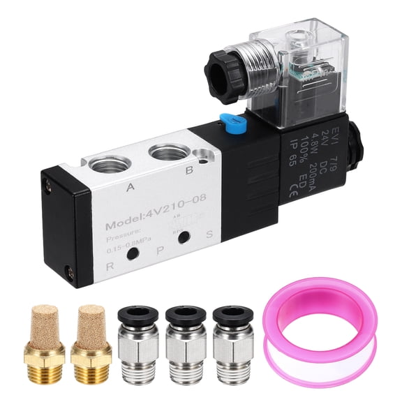 Pneumatic Solenoid Valve, 1/4 Inch NPT 24V 5 Way 2 Position Aluminum Electric Air Valve with Connector and Tape