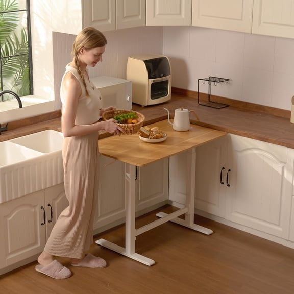 Pneumatic Standing Desk 31.5x19.7 Inch Adjustable Height Home Office Workstation with Hooks Cup Holder Maple