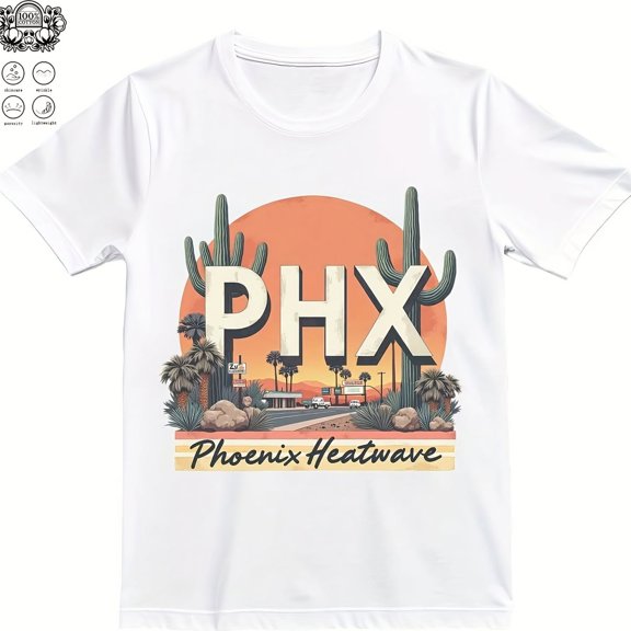 Pnix Heatwave 220g Cotton T-Shirt - Retro Desert Scene , PHX ctus Palm Design, ft Breathable, Vi8