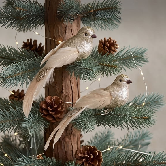 Pnmtdaia 2 Pcs Artificial Clip-On Birds Ornaments, Glitter Champagne Gold Head Soft Feather Tail Simulation Bird Decor for Christmas Tree Wreath Garland Wedding Party Holiday Home Decoration