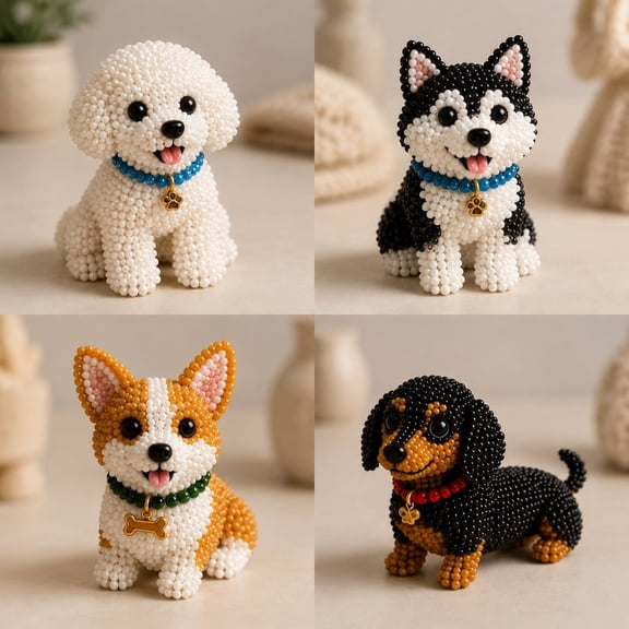 Pnmtdaia 3D Beaded 4 Cute Dogs DIY Craft Kit, Handmade Pet Figurine Making Set for Home Tabletop Display Art Creation Leisure Activity