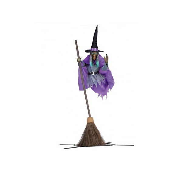 Pnmtdaia 5.9 FT Purple Robe Flying Witch with Broom Halloween Animatronic Decor, Standing Pose Spooky Prop for Outdoor Yard Lawn Halloween Spooky House Party Scene Layout