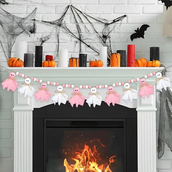 Pnmtdaia 6.56ft Halloween Cute Pink White Ghost Hanging Garland, Fabric Spooky Banner with Woven Bow and Wood Beads, Rustic Halloween Party Fireplace Mantel Doorway Wall String Decor
