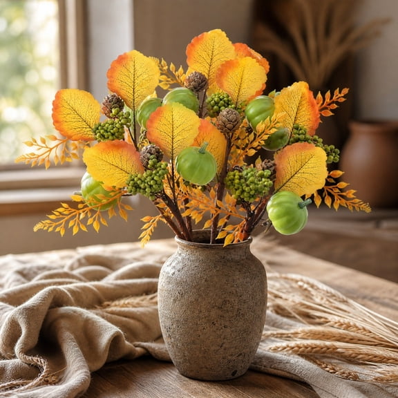 Pnmtdaia 9.8 Inch Artificial Fall Green Mini Pumpkin Pick with Green Berries Maple Leaves Fake Floral Stem for Halloween Thanksgiving Vase Filler Home Table Centerpiece Decor