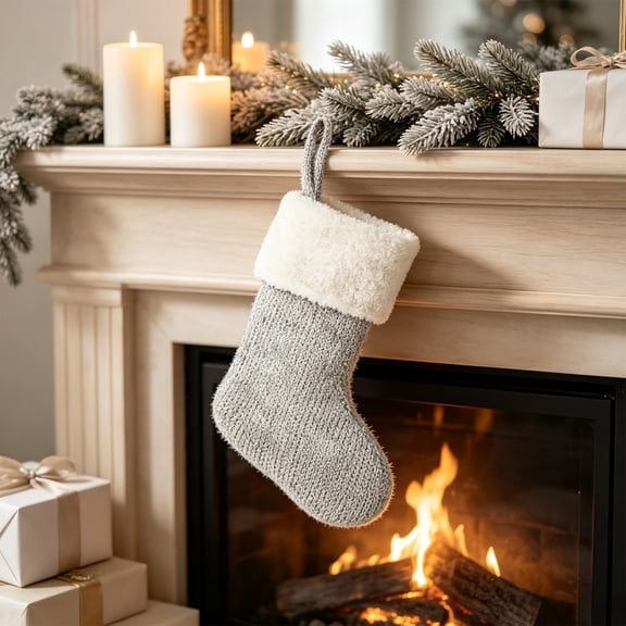 Pnmtdaia 9.8 Inch Light Gray Christmas Stocking, Soft Faux Fur Plush Xmas Stocking with White Cuff for Holiday Home Fireplace Hanging Decor Gift Candy Pouch