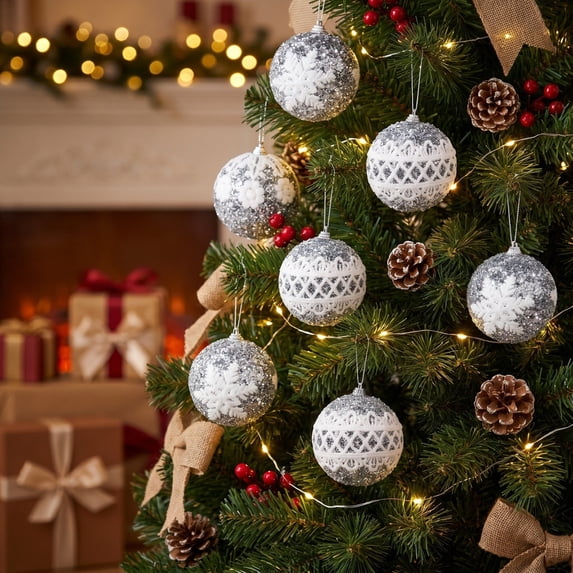 Pnmtdaia 9 Pieces Silver White Glitter Snowflake Pattern Christmas Hanging Balls, Shatterproof Xmas Tree Decorations for Indoor Outdoor Holiday Display