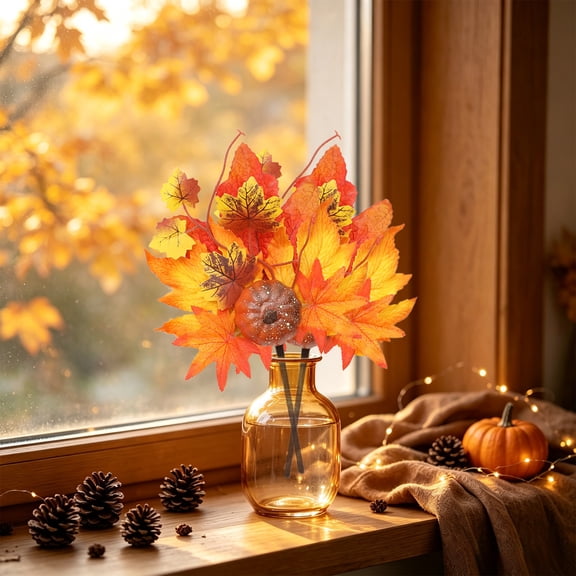 Pnmtdaia Artificial Autumn Maple Leaf Floral Pick with Retro Brown Pumpkin Stem Fall Harvest Halloween Decorative Branch for Vase Home Shelf Farmhouse Thanksgiving Party Tabletop Ornament