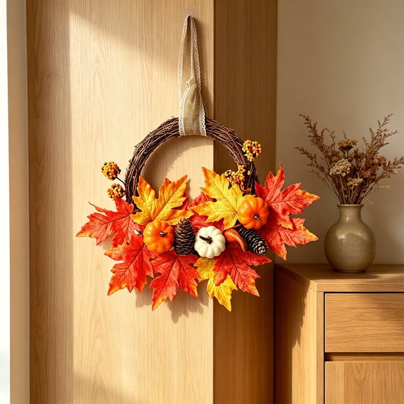 Pnmtdaia Artificial Fall Maple Leaf Half Wreath with Mini Pumpkins Pine Cones, Plastic Rattan Hanging Decoration for Autumn Halloween Thanksgiving Home Wall Window Decor