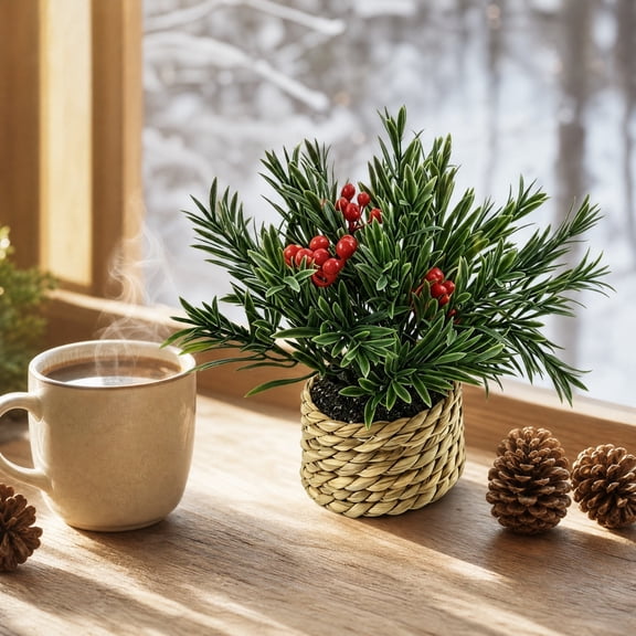 Pnmtdaia Artificial Mini Pine Potted Plant with Red Berries Handwoven Rattan Basket Base Fake Evergreen Small Tabletop Greenery for Christmas Winter Holiday Home Shelf Window Decor
