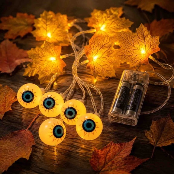 Pnmtdaia Battery Powered LED String Lights, Warm Lighted Yellow Maple Leaves & Creative Eyeball Shaped Decorative Fairy Lights for Autumn Fall Halloween Home Fireplace Mantel Party Window Display