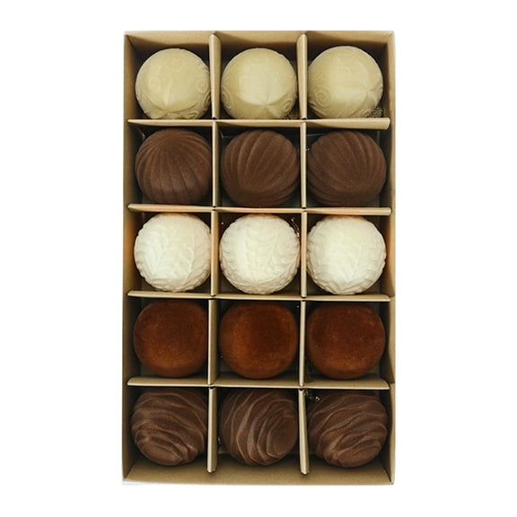 Pnmtdaia Brown Cream Velvet Flocked Christmas Ball Ornaments Set, 15 Pcs Shatterproof Textured Hanging Baubles for Xmas Tree Rustic Neutral Holiday Home Decor