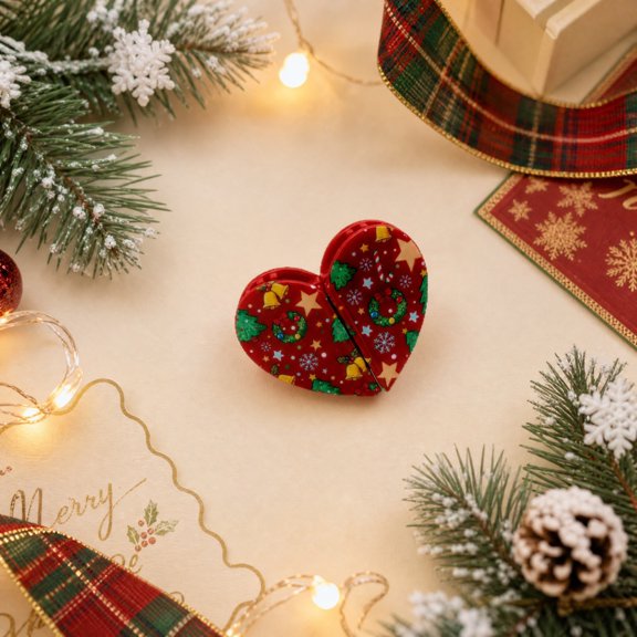 Pnmtdaia Christmas Wreath Xmas Tree Print Heart Shaped Magnetic Hair Clips Strong Hold Non-Slip Hair Barrettes Hair Accessory for Winter Holiday Party Daily Styling