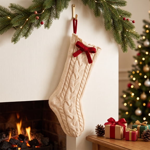 Pnmtdaia Cream White Cable Knit Christmas Stocking with Red Velvet Bow, Soft Thick Knitted Xmas Hanging Sock for Fireplace Christmas Tree Holiday Gift and Home Decor