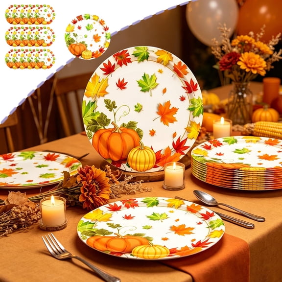 Pnmtdaia Fall Thanksgiving Vibrant Pumpkin Berry Maple Pattern Disposable Paper Plates Durable Food Safe Serving Plates for Thanksgiving Holiday Dinner Table Supplies