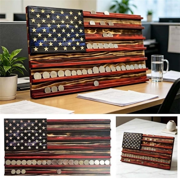 Pnmtdaia Flag Coin Display Case, Torched Wood Military Challenge Coin Rack 6 Row Holder for Veterans Collectors, Desktop Wall Mount Patriotic Gift