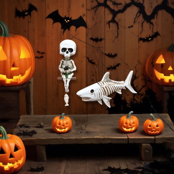 Pnmtdaia Halloween 2 Pcs Set Skeleton Figurines Swinging Mini Skeleton and Realistic White Shark Skeleton Resin Decor for Halloween Spooky Scene Display
